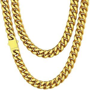Men's Gold 9mm Width Steel Cuban Durable 18K Gold Plated Hip Hop Chain Jewelry